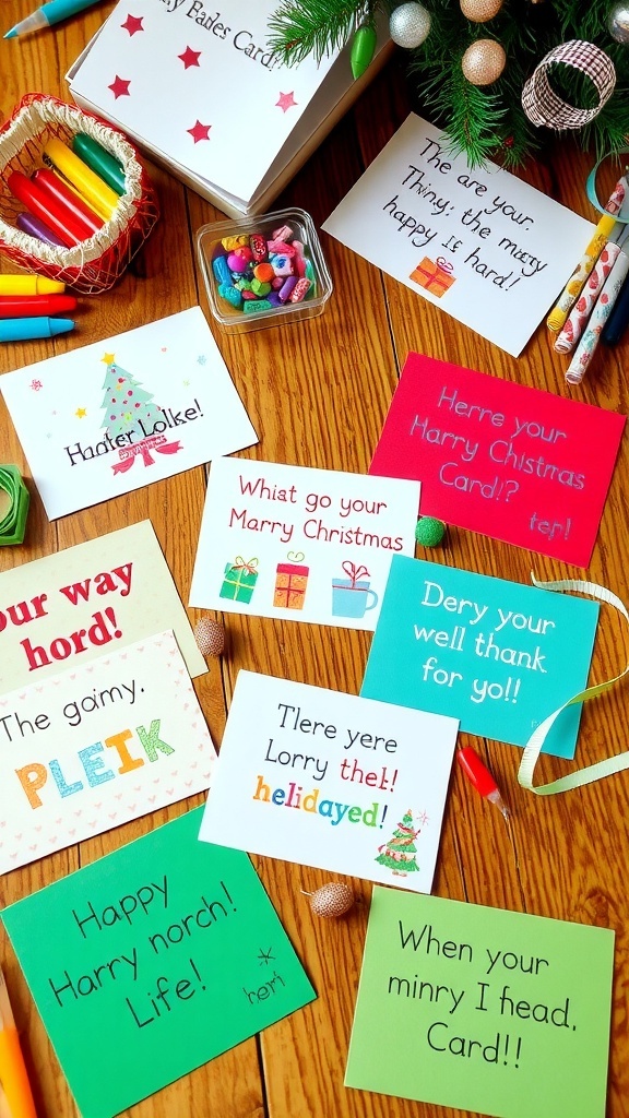 DIY Christmas Card Notes A collection of DIY Christmas card notes with colorful decorations and messages on a craft table.
